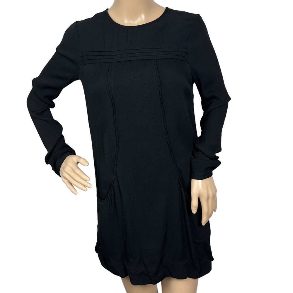 Sezane Pleated Front Long Sleeve Minimalist Dress Size 36 French or US 4 Black